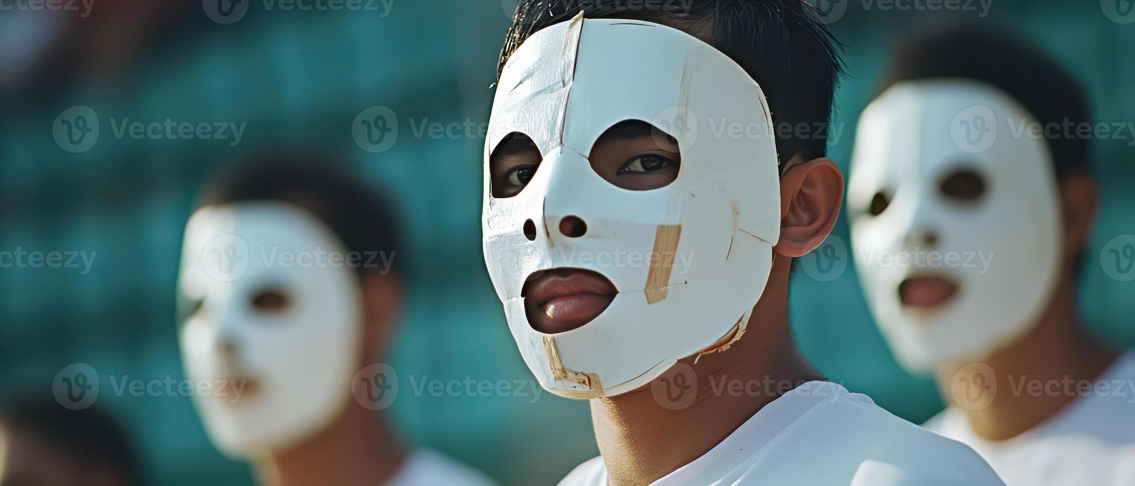 Masked football players at practice photo