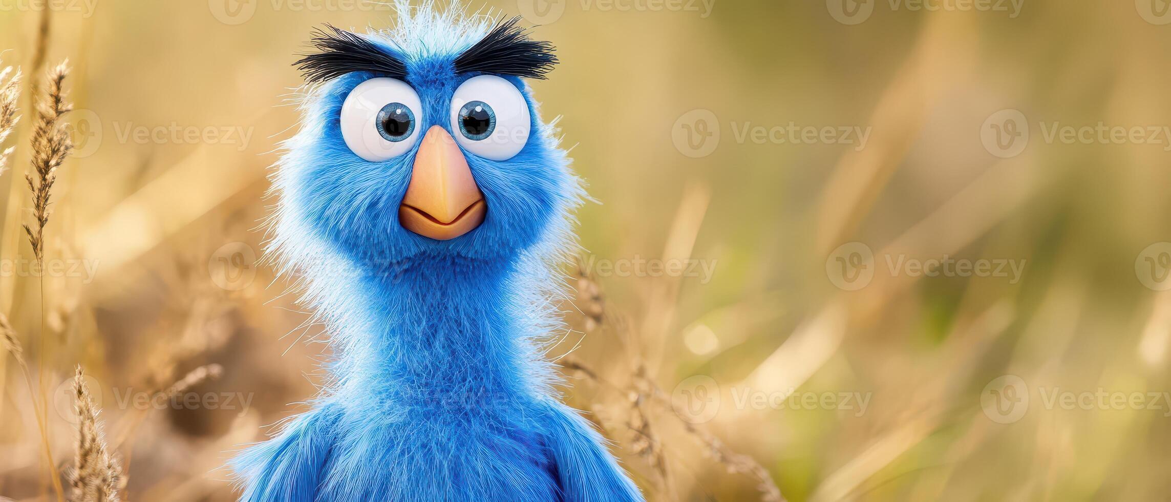 Colorful blue puppet stands in tall grass photo