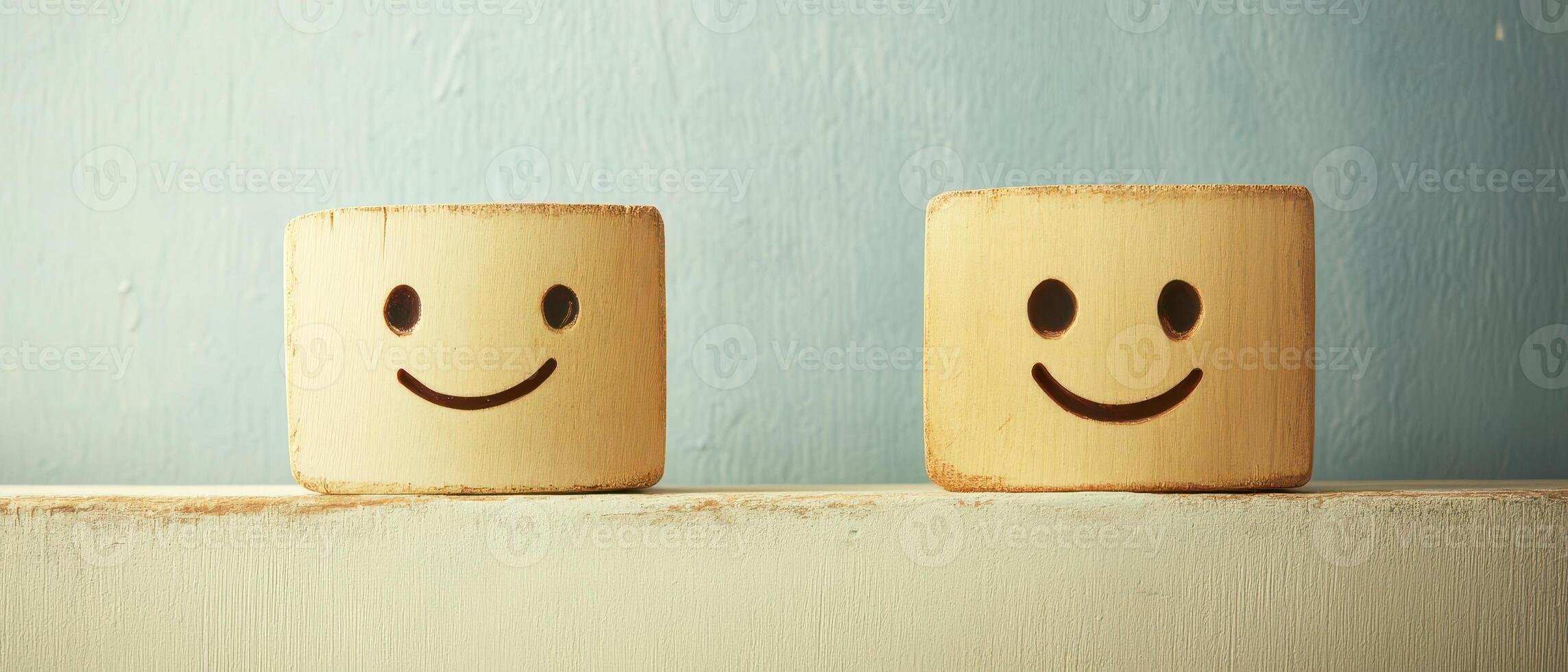 Happy wooden faces on shelf with blue background photo