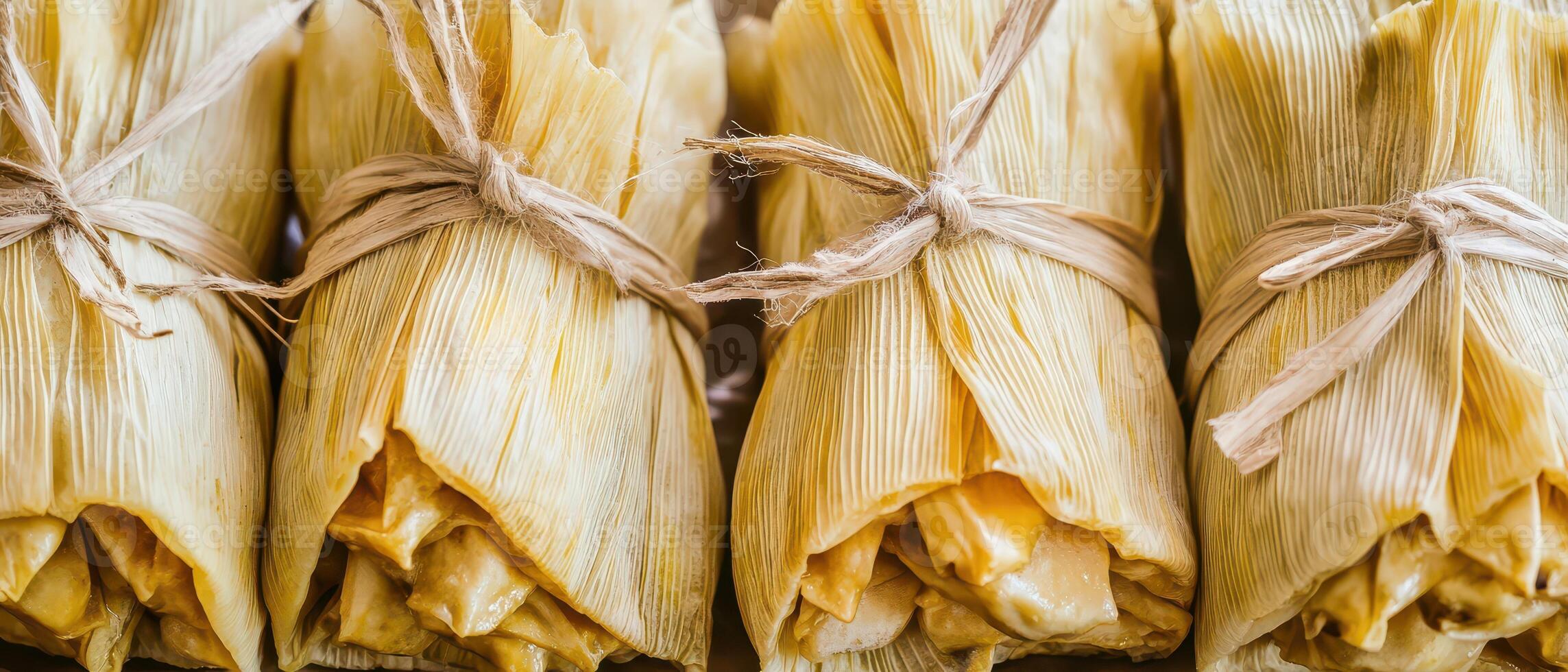 Delicious handmade tamales wrapped in corn husks photo