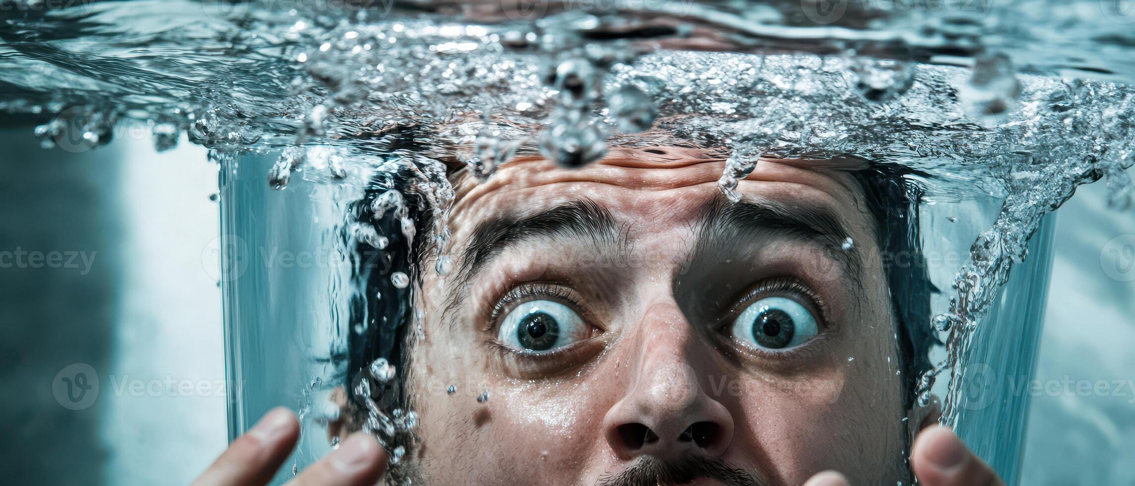 Man underwater surprised making bubbles photo