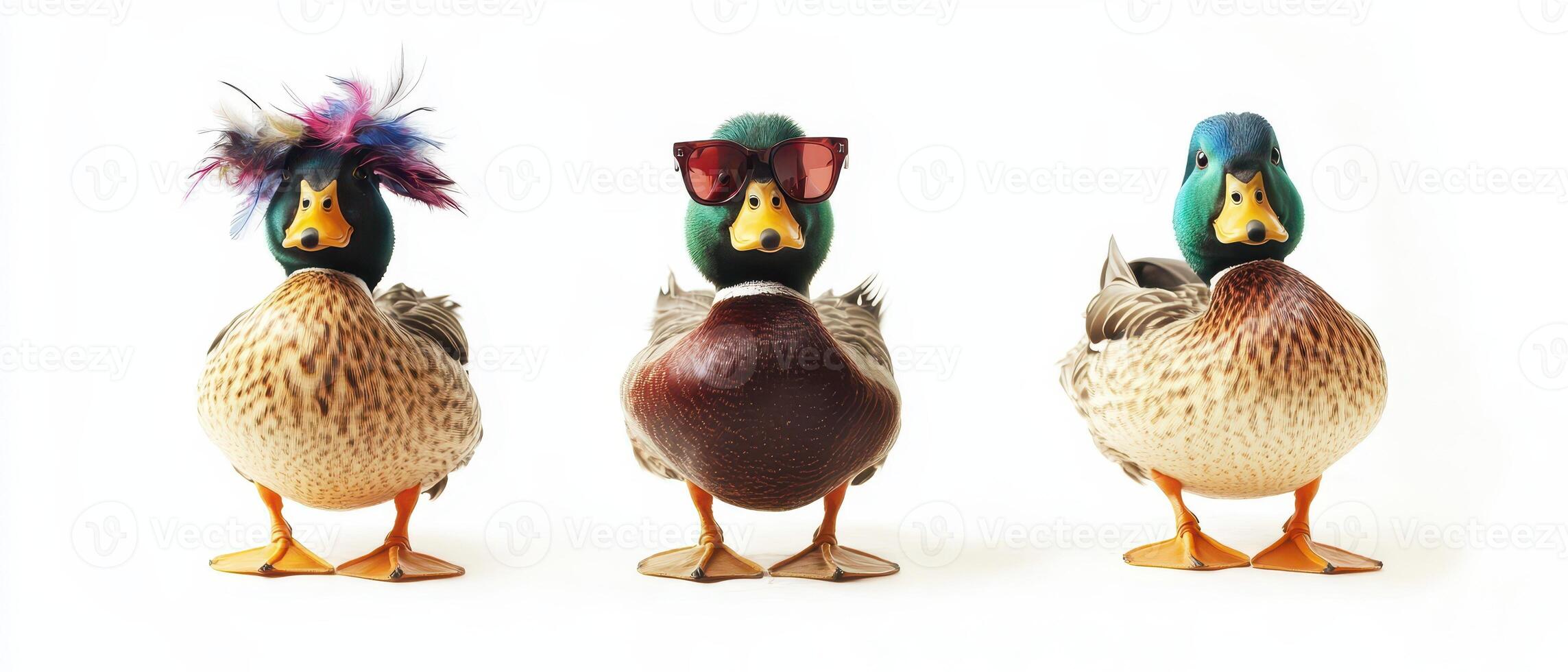 Ducks dressed up in colorful accessories for fun photo