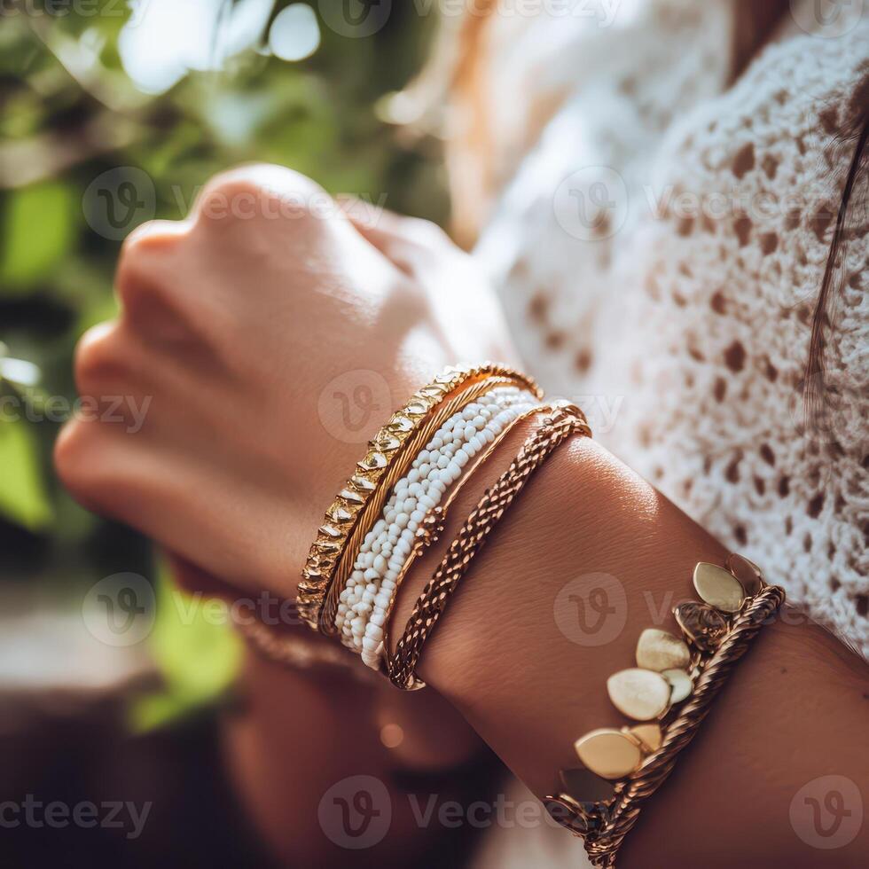 Chic woman wearing trendy bracelets outdoors photo