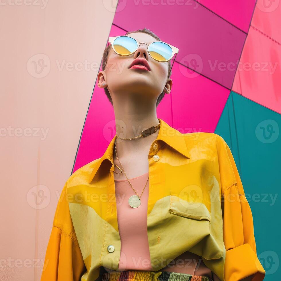 Trendy person in colorful urban scene photo