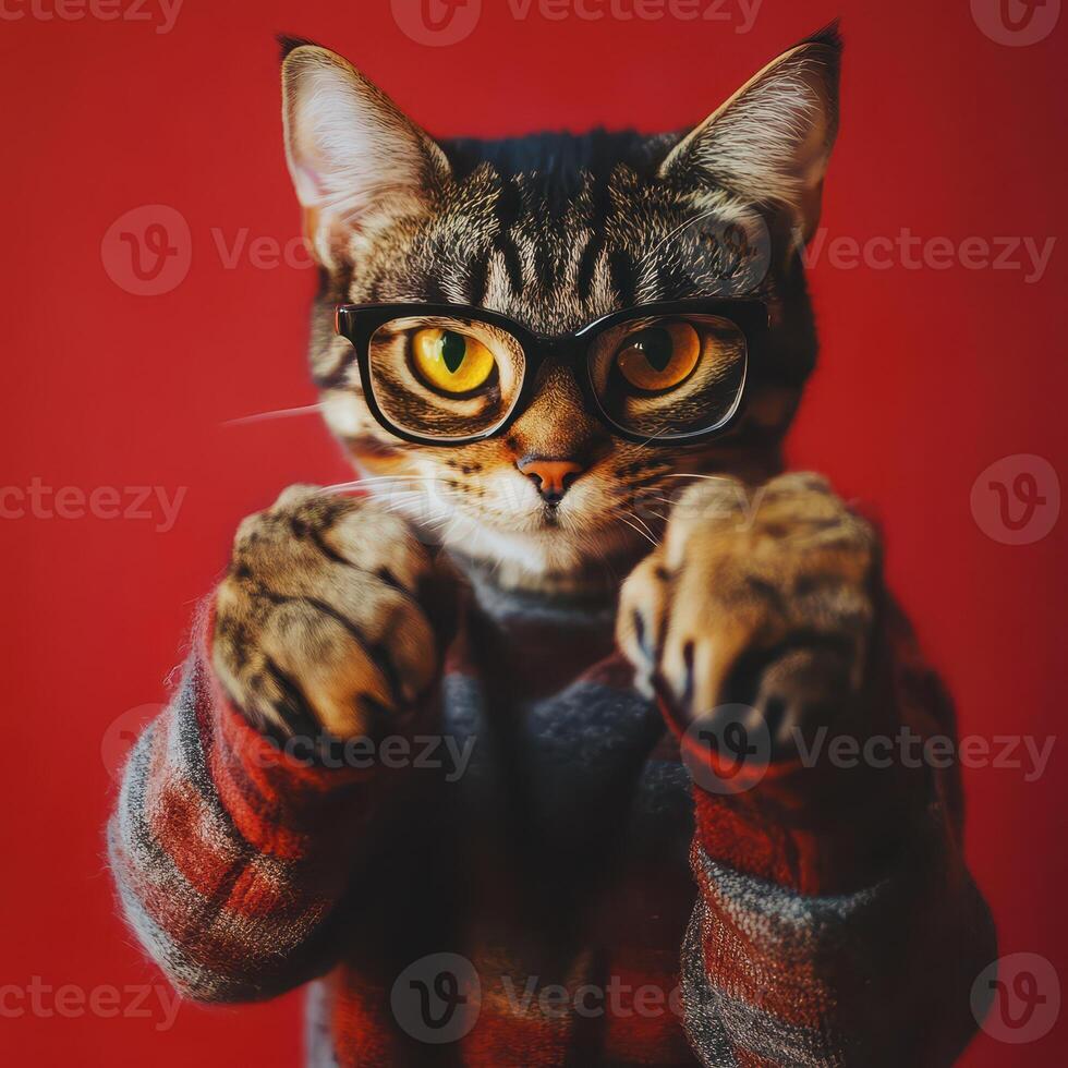 Cat wearing glasses poses in cozy sweater photo