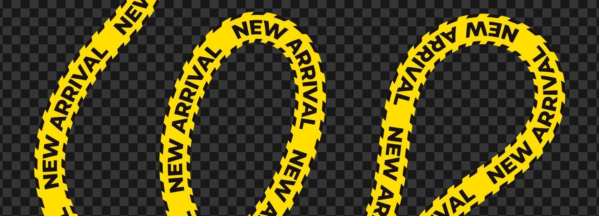 Curved new arrival ribbon banner in yellow with bold black text. Swirled loop tape for product launch promotions, digital ads, and store highlights. illustration. vector