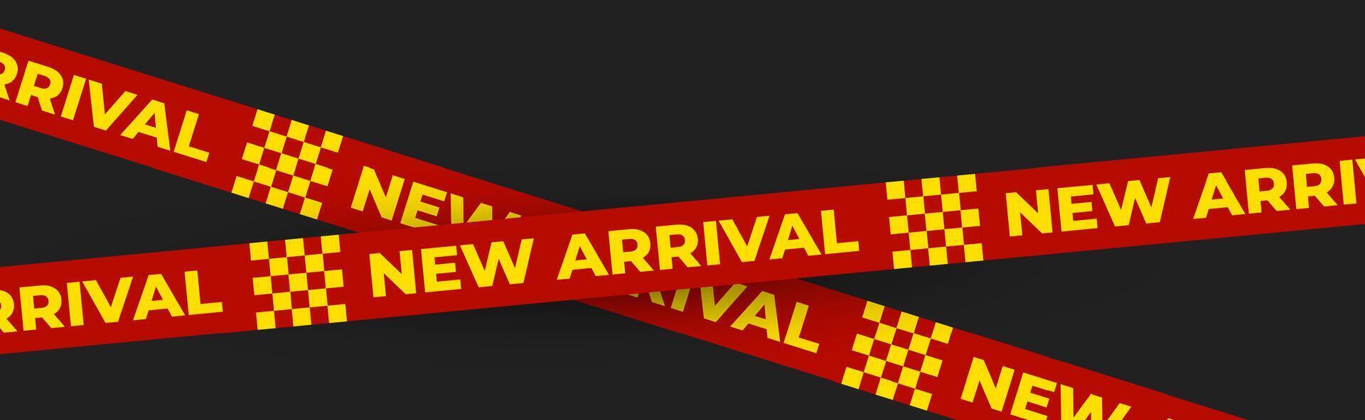New arrival banner with flame icons on bold red tape. Hot sale promotion for store marketing, product launch, advertising use. illustration. vector