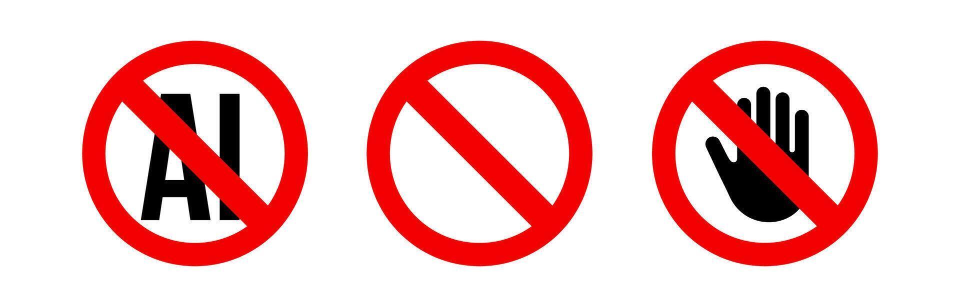 Prohibited AI signs set, red crossed out symbols with hand, stop and restriction icons. Warning technology use ban, digital protest elements. Flat illustration vector