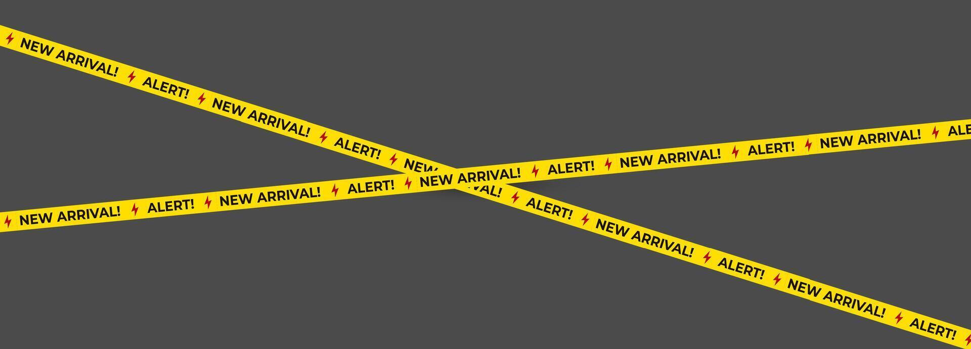 New arrival alert tape with lightning bolts and bold text. Eye-catching warning banner for product promotions, retail marketing, store ads. illustration. vector