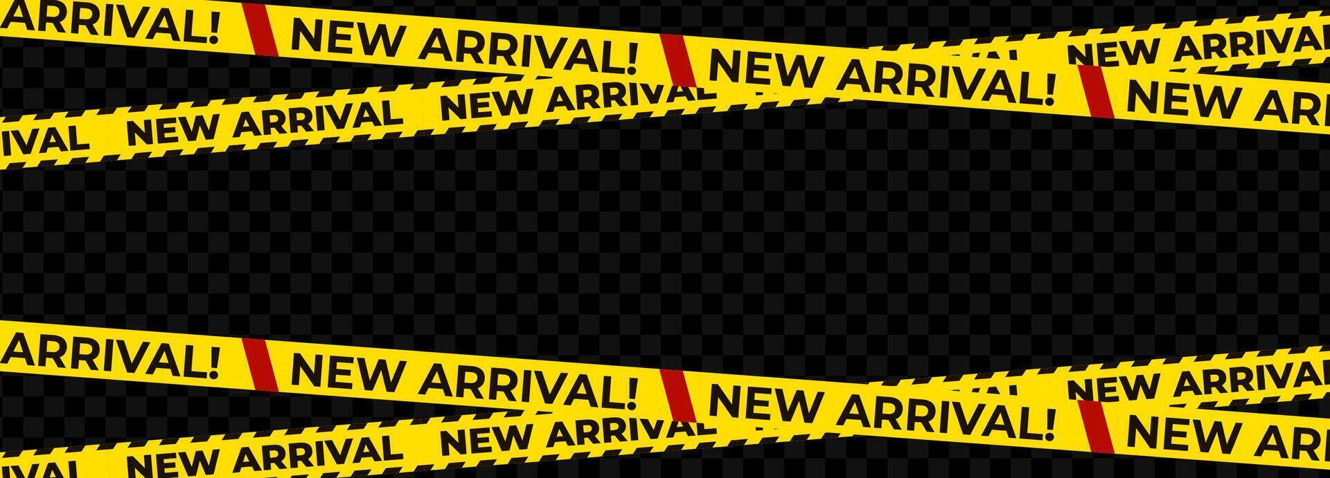 New arrival warning tape set with bold text and red accents. Multiple yellow stripes for sale promotions, marketing alerts, store signage. illustration. vector
