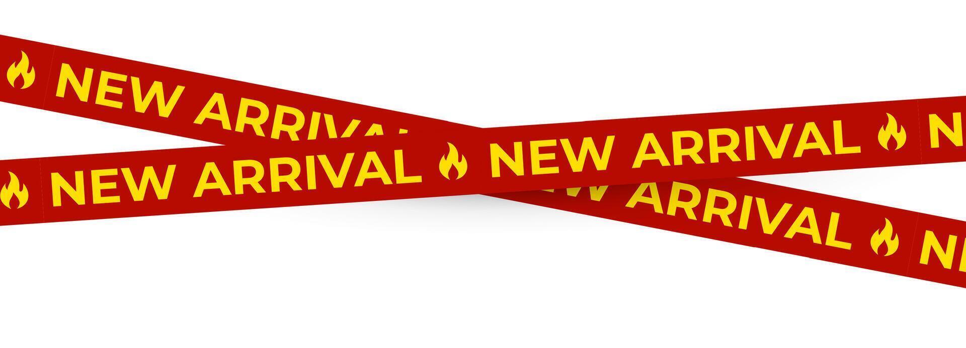 New arrival banner with red and yellow checkered stripe design. Bold promotional tape for product launches, sales, store ads, retail marketing. illustration. vector