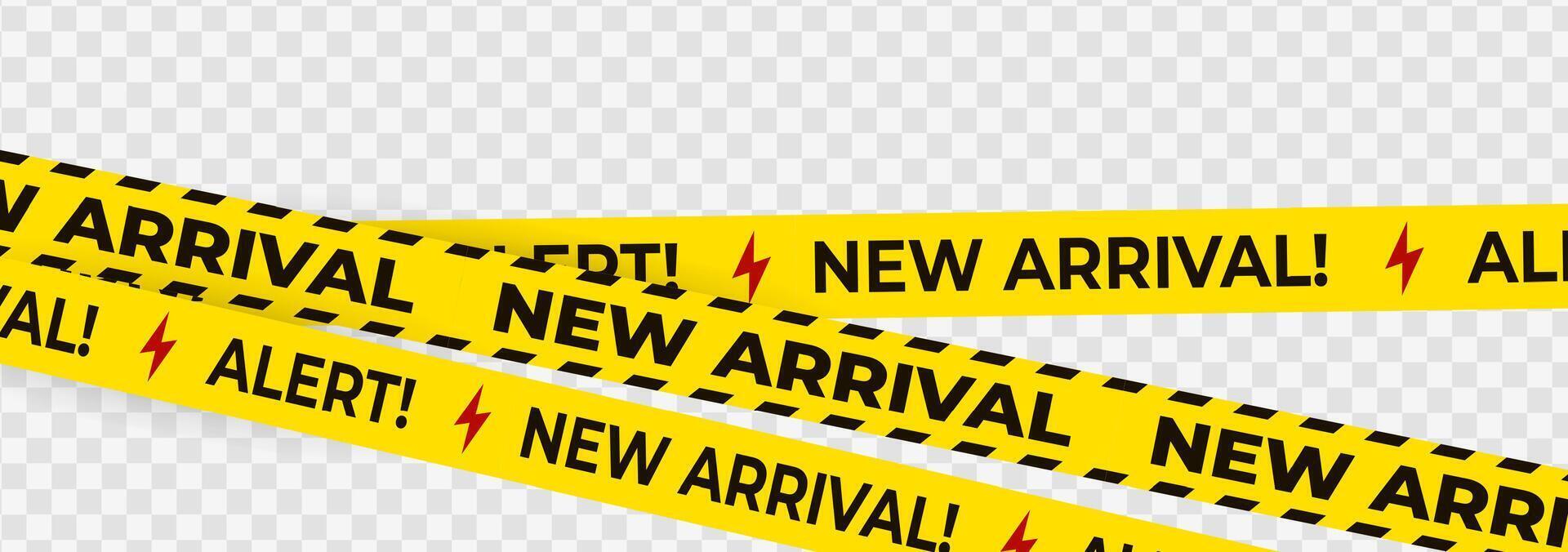 New arrival and alert banner with lightning bolt symbols on yellow tape. Caution-style stripe for store promotions, product launches, and digital ads. illustration. vector