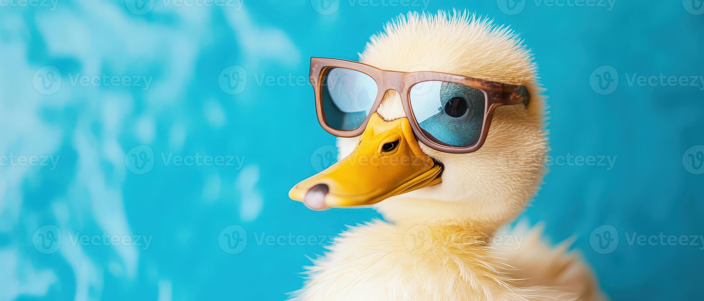 Duck in shades poses on blue photo