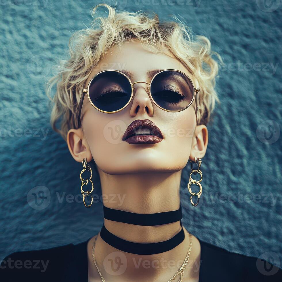 A woman with short hair and sunglasses photo