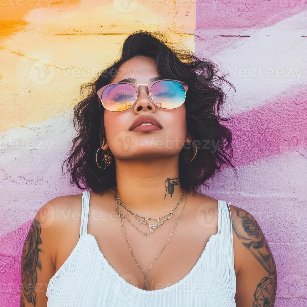 Young woman posing in front of vibrant mural photo