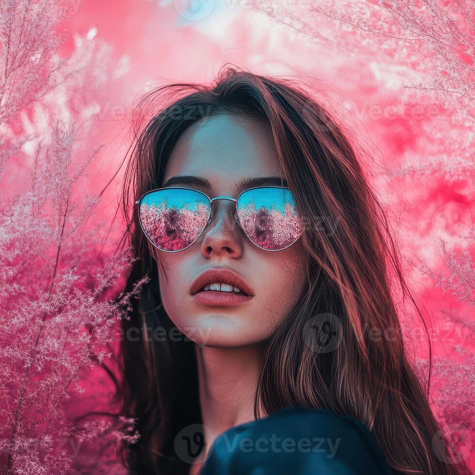 Girl posing in pink foliage during sunset photo