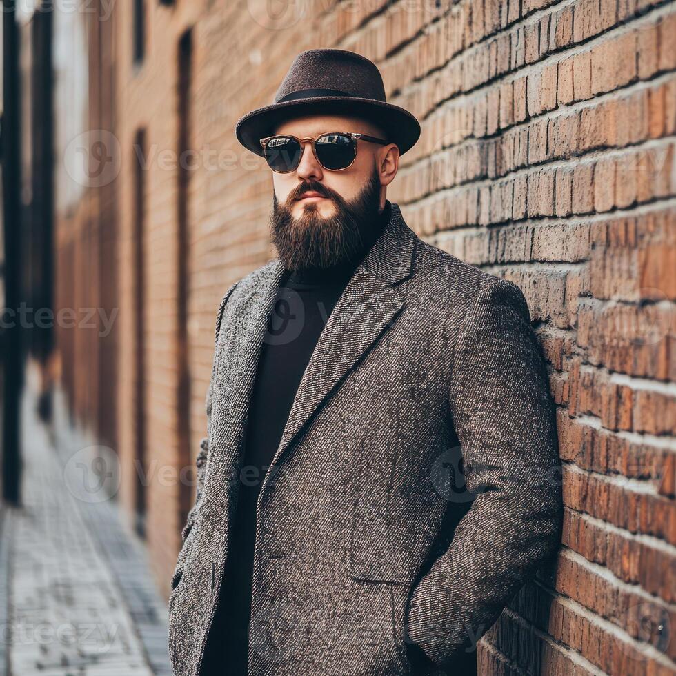 Stylish man in a coat and hat poses against a wall photo