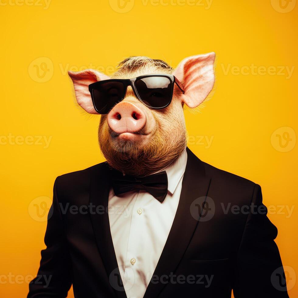 Chic pig in tux and shades poses boldly photo