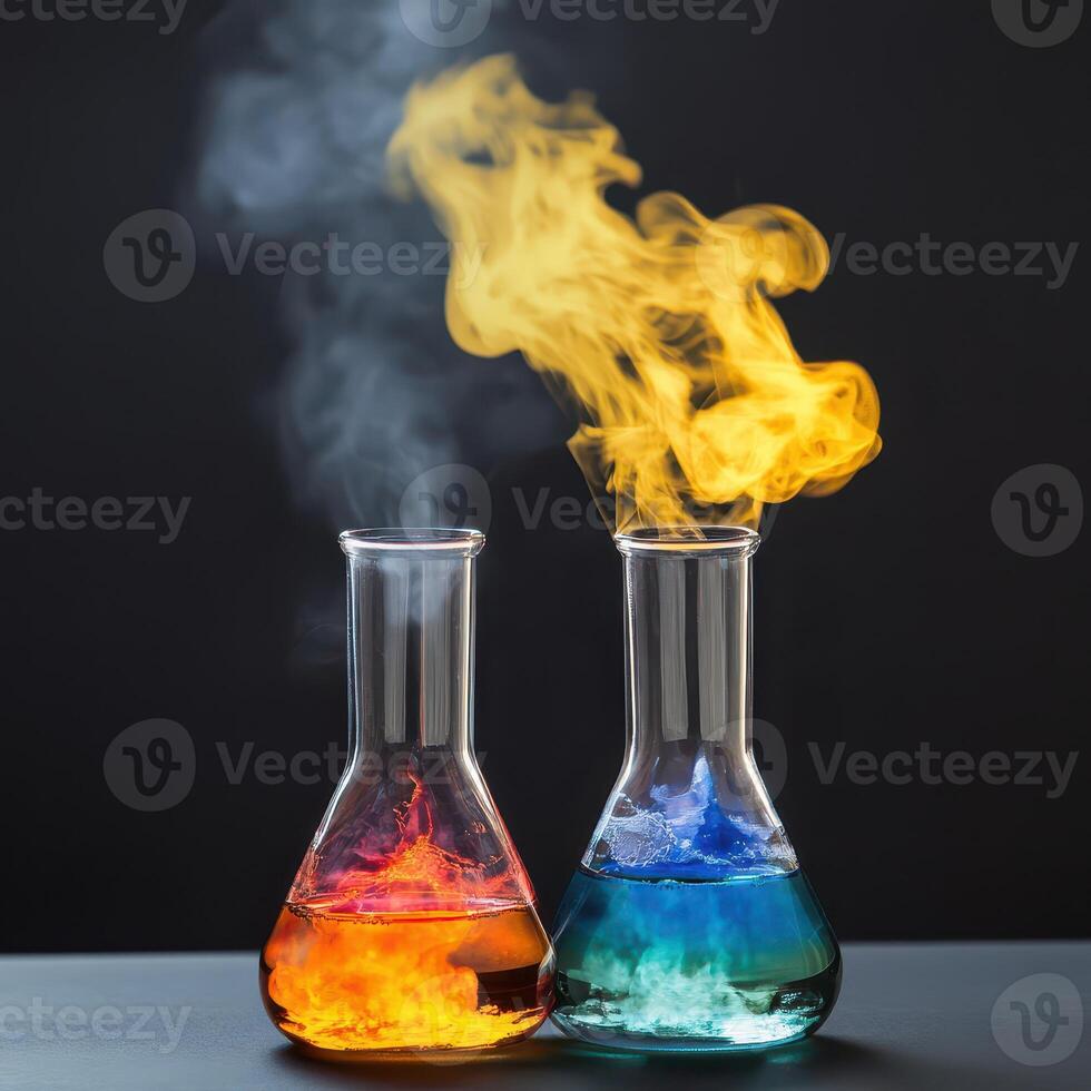 Colorful reactions in lab beakers photo