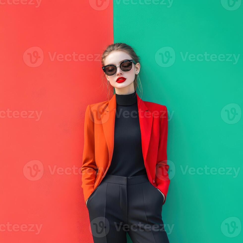 Stylish woman poses by colorful wall photo