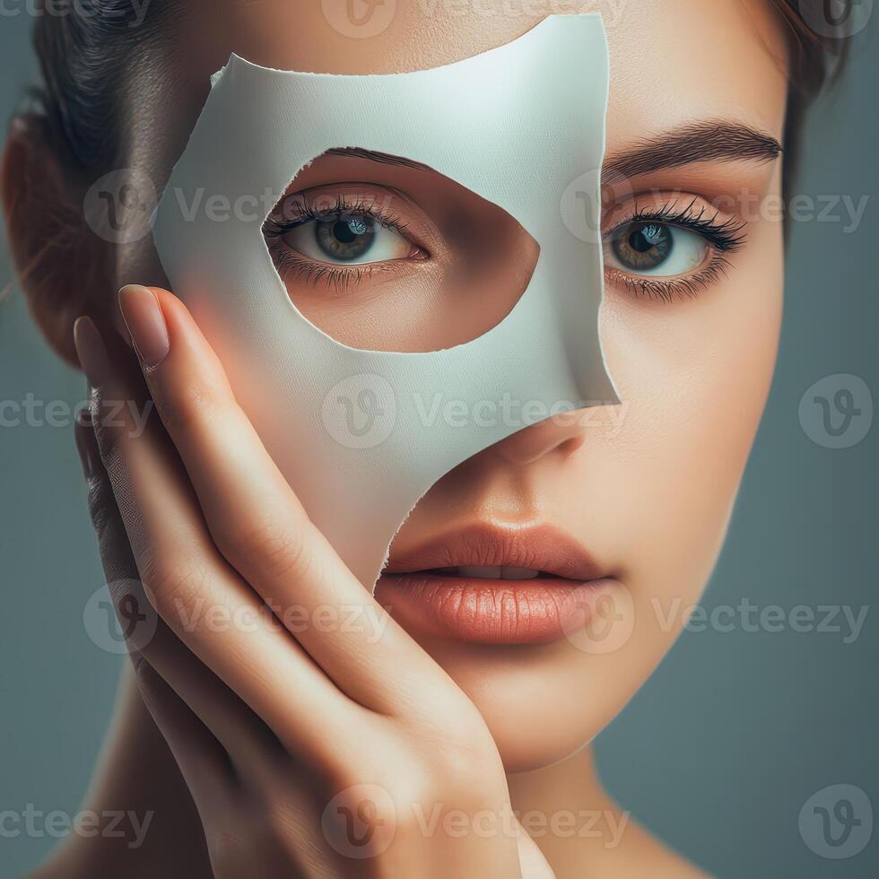 Woman applying facial mask for skincare photo