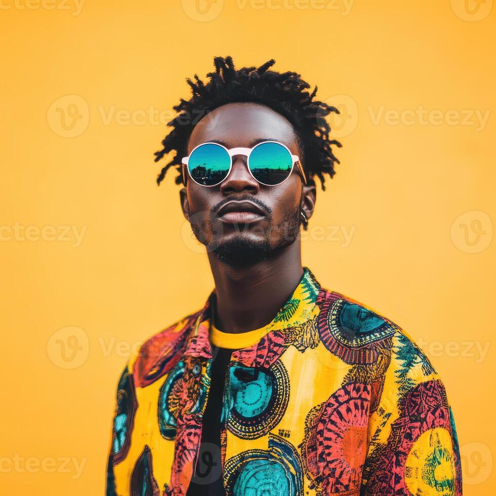 Stylish man poses against vibrant yellow backdrop photo