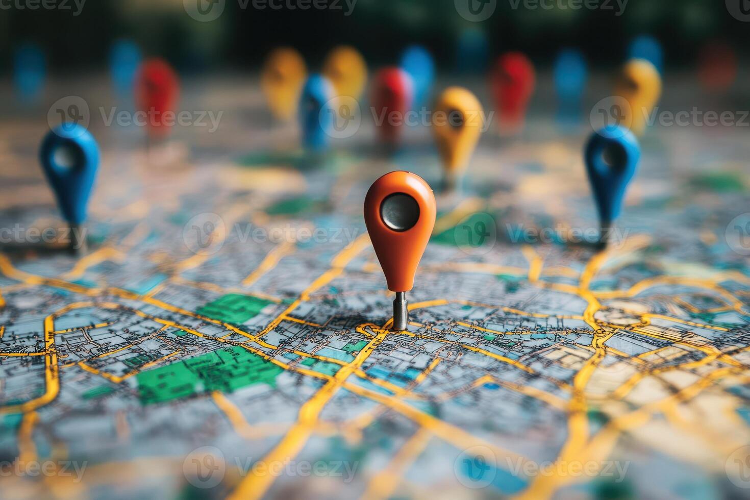Colorful map pins highlight locations on city map photo