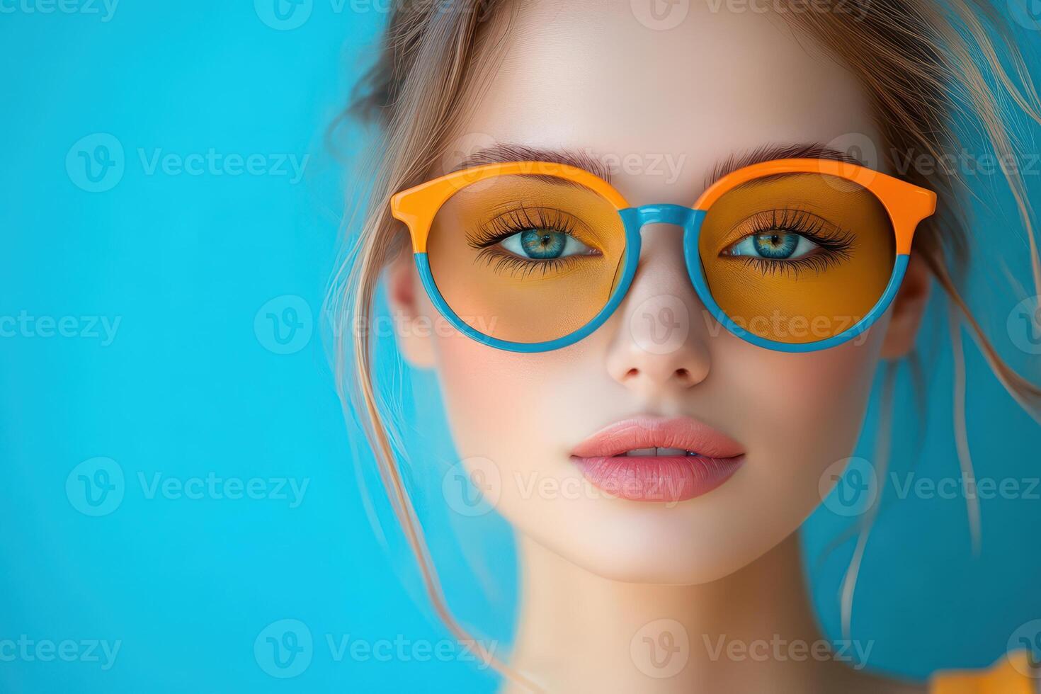 Young woman in vibrant shades blue sky photo