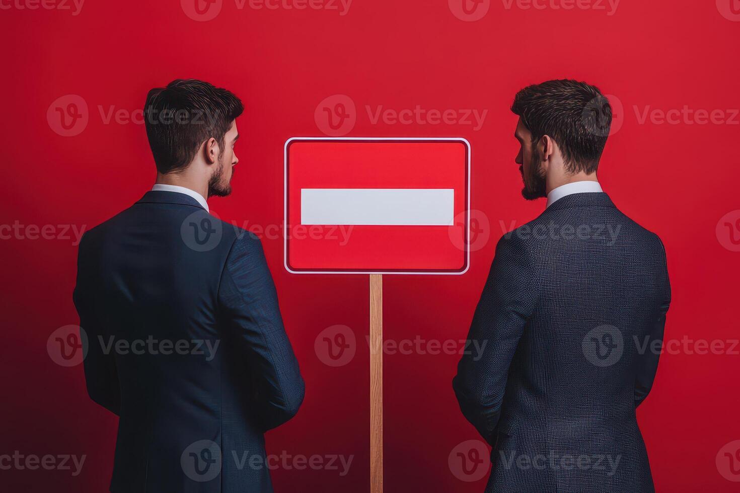 Two men in suits standing before a no entry sign photo