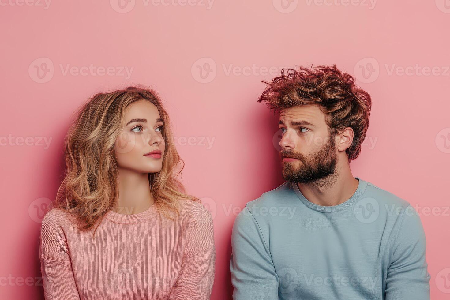 Couple gazing against pink backdrop photo