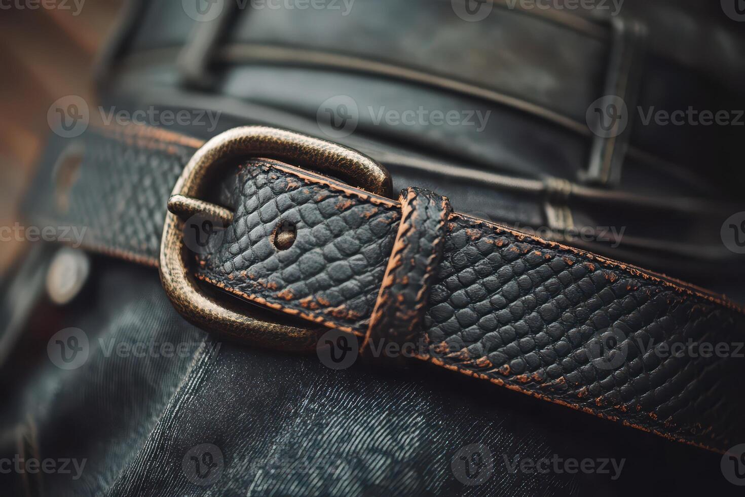 Black leather belt with brass buckle photo