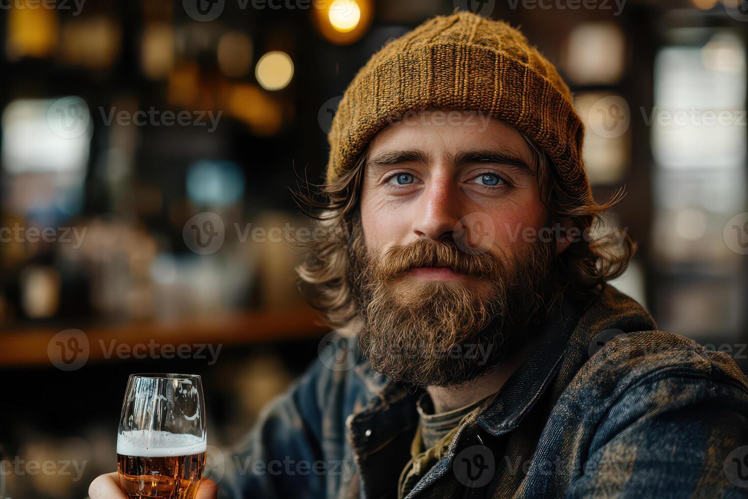 Man enjoying beer in cozy bar setting photo