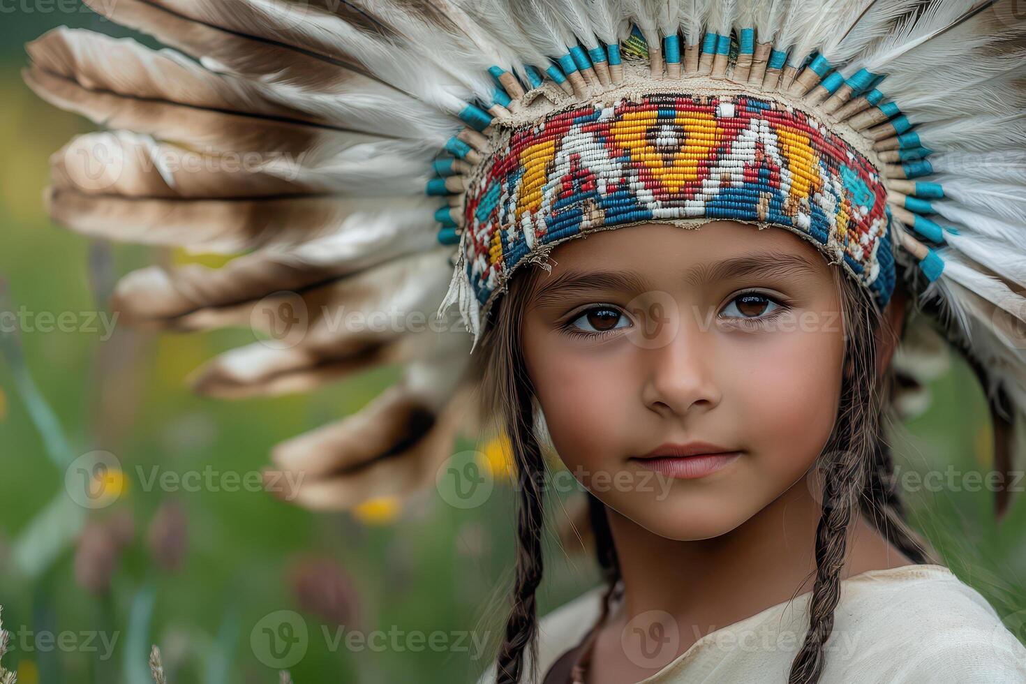 Young child wearing traditional feather headdress photo