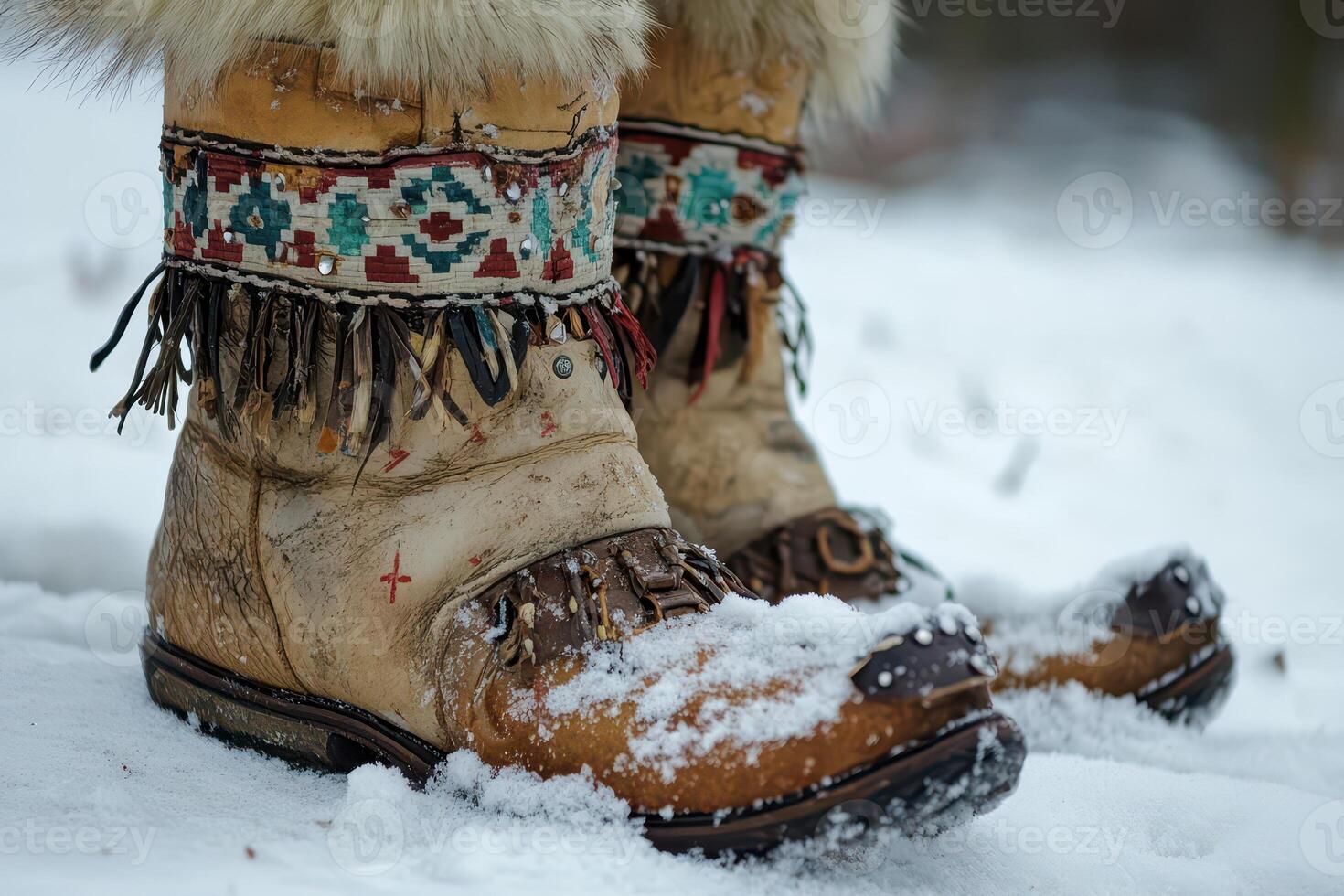 Traditional winter boots in snowy landscape photo