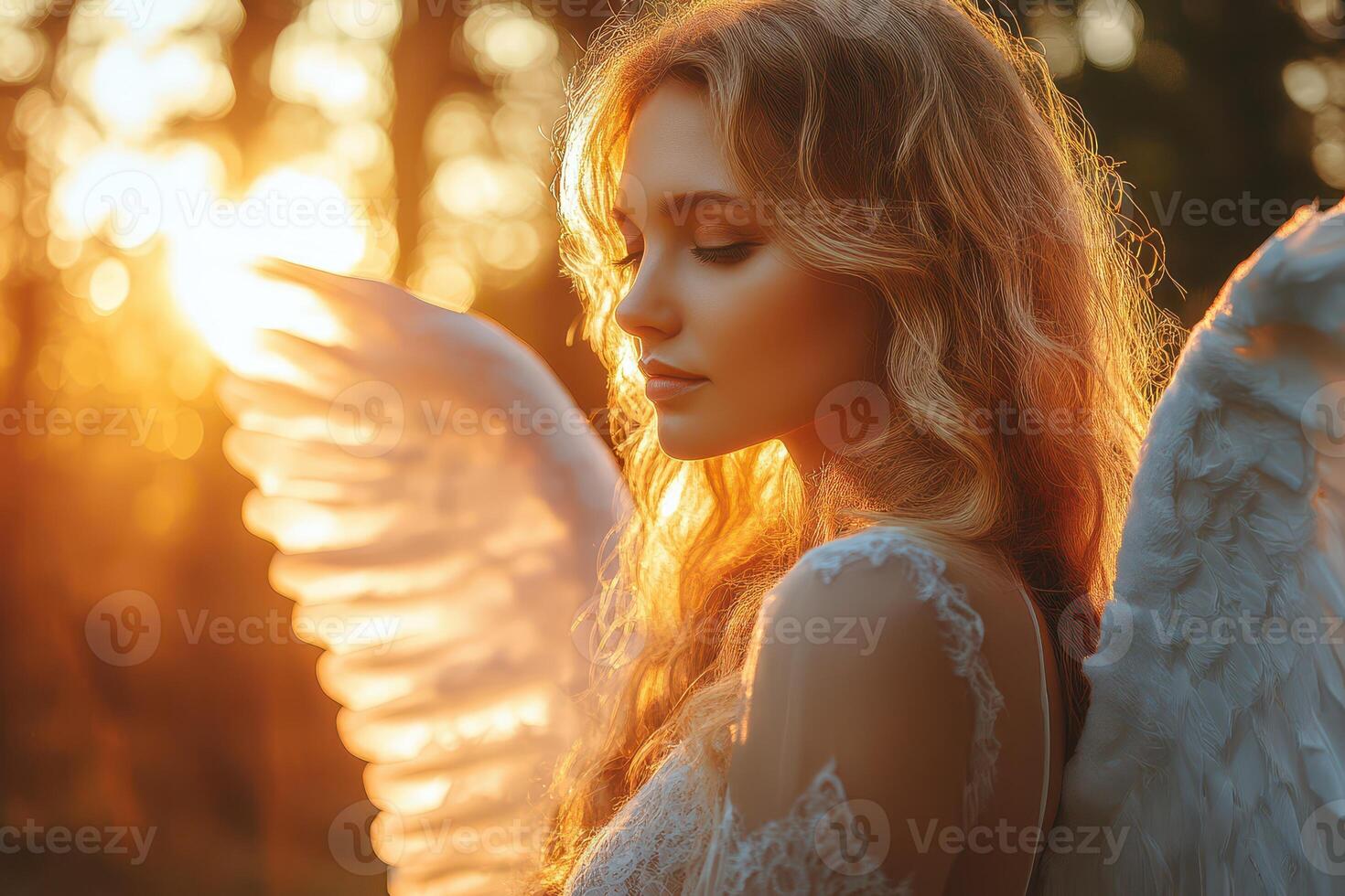 Model with angel wings during sunset in forest photo