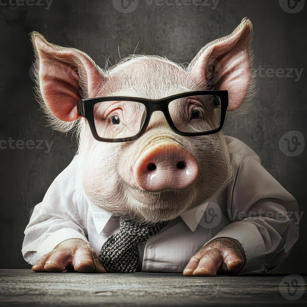 Pig wearing glasses and dress shirt at desk photo