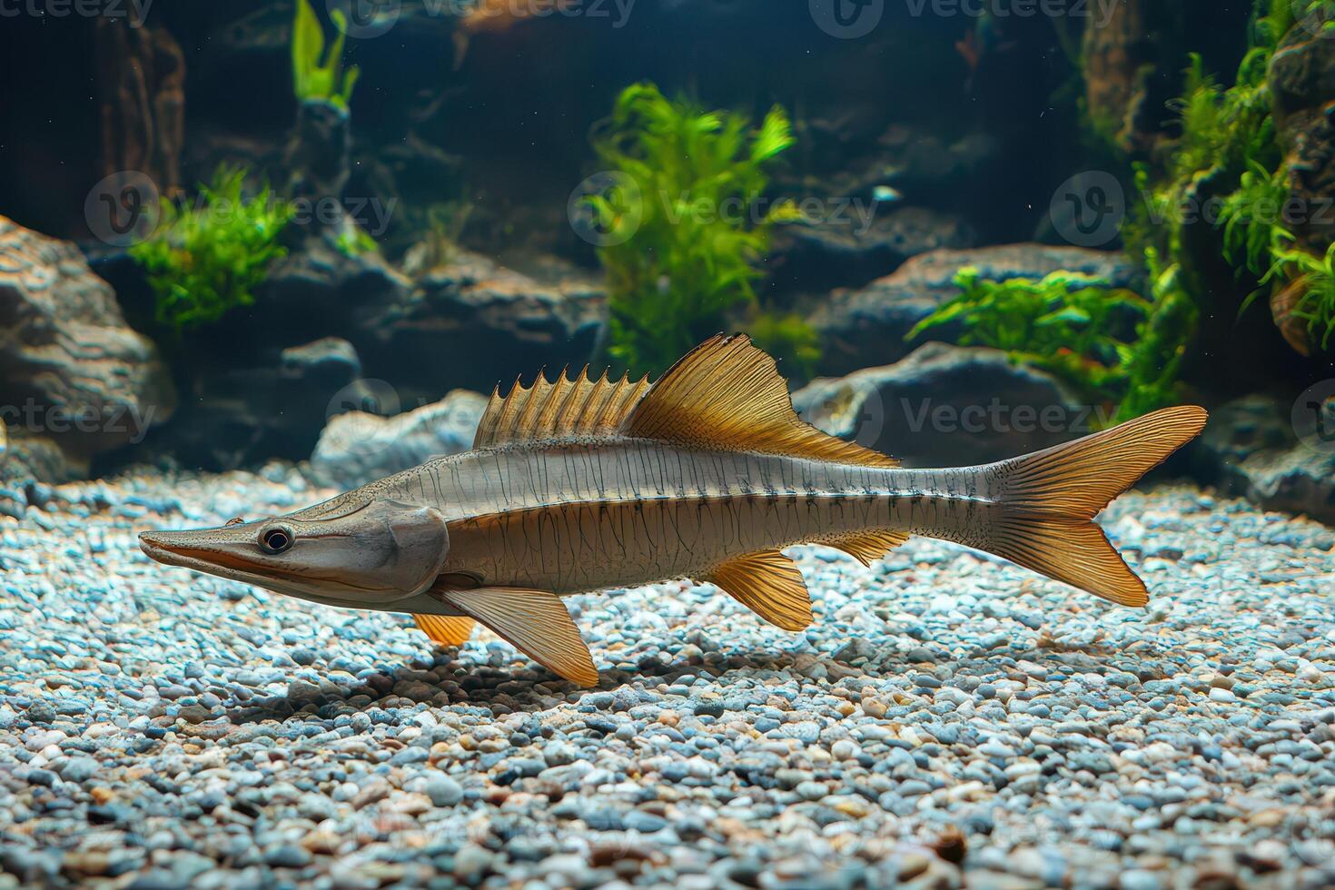Sturgeon swimming in a freshwater aquarium habitat photo