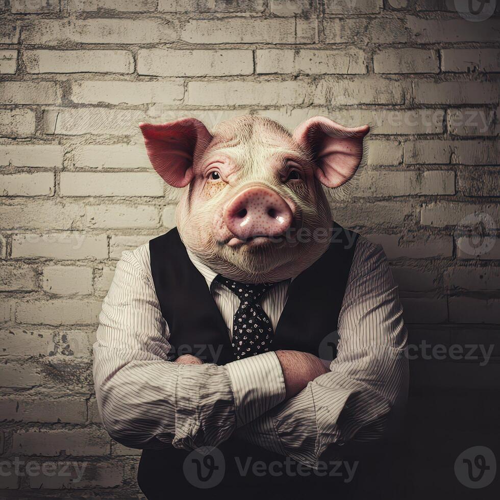 Pig in a suit leans against wall photo
