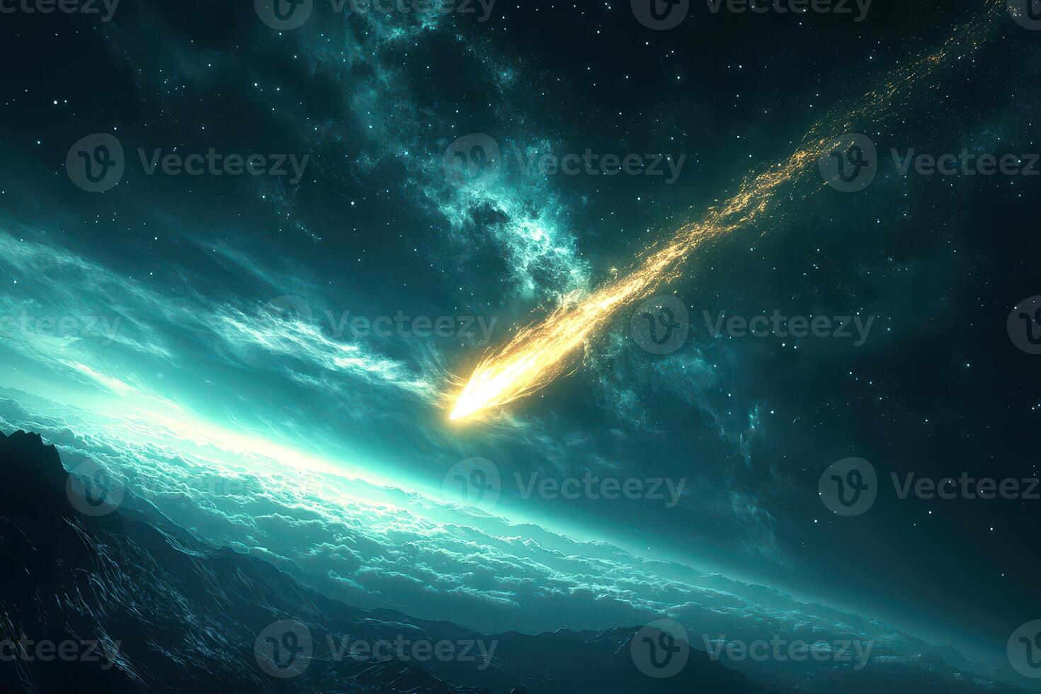 Meteor streaks across starry sky above mountain photo