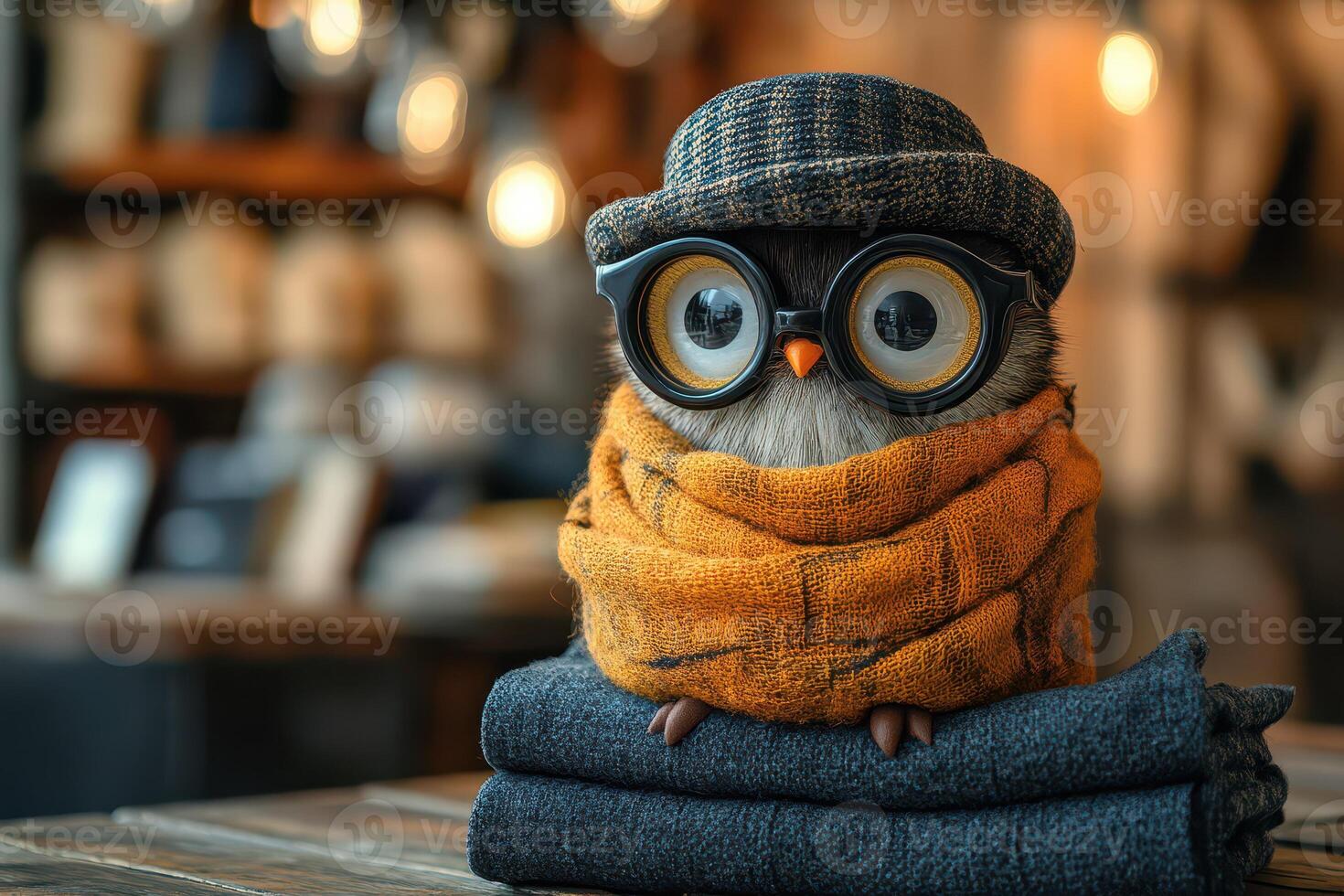Cute owl wearing glasses and scarf in cozy setting photo