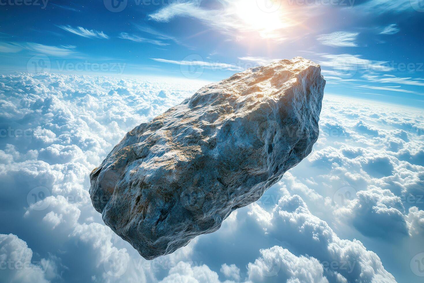 Rock hovering above clouds with bright sunlight photo