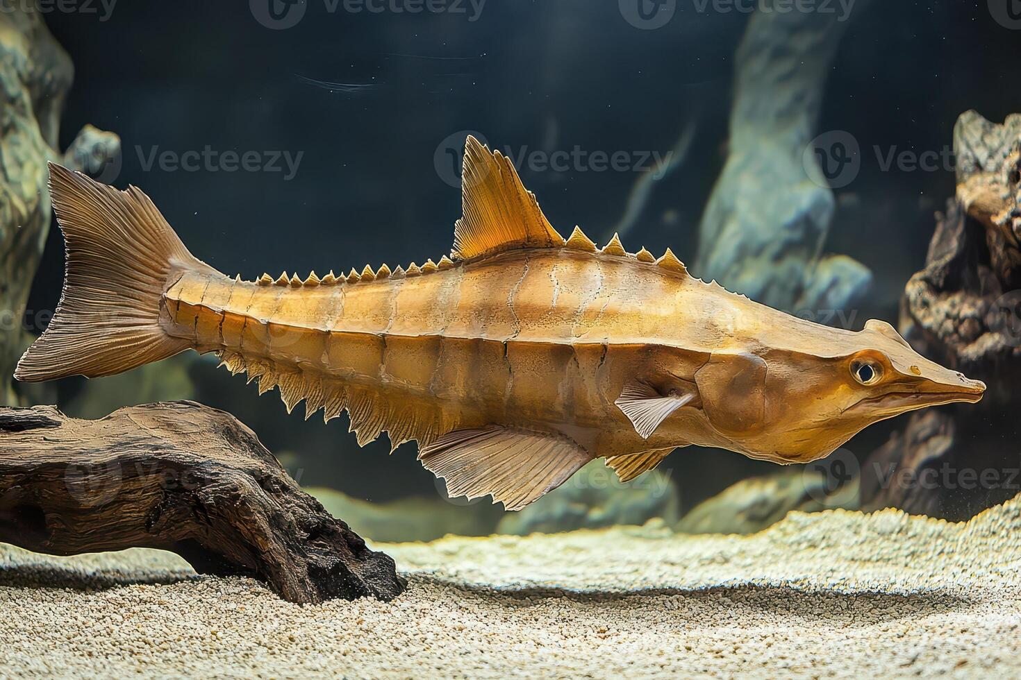 Unique sturgeon swimming in aquarium setting photo