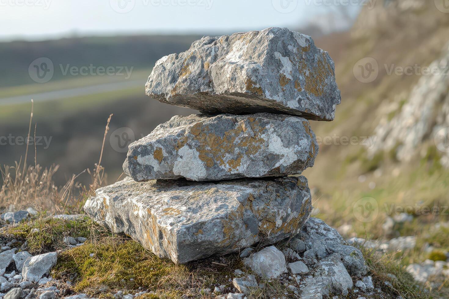 Stones arranged in a balanced pile on a hillside photo