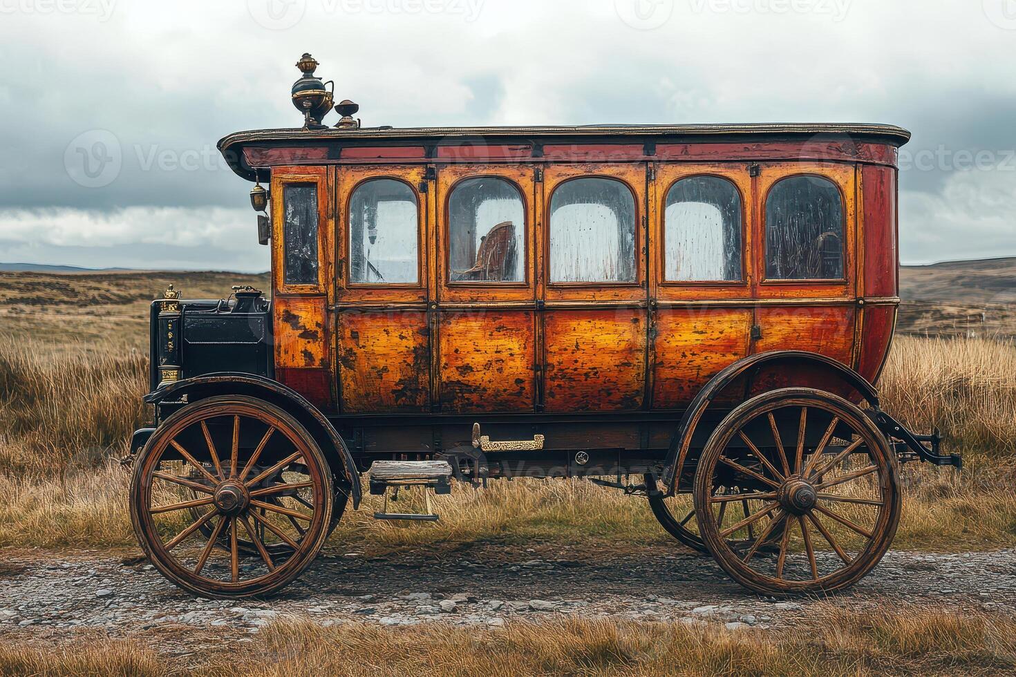 Historic horse drawn carriage parked on rural road photo