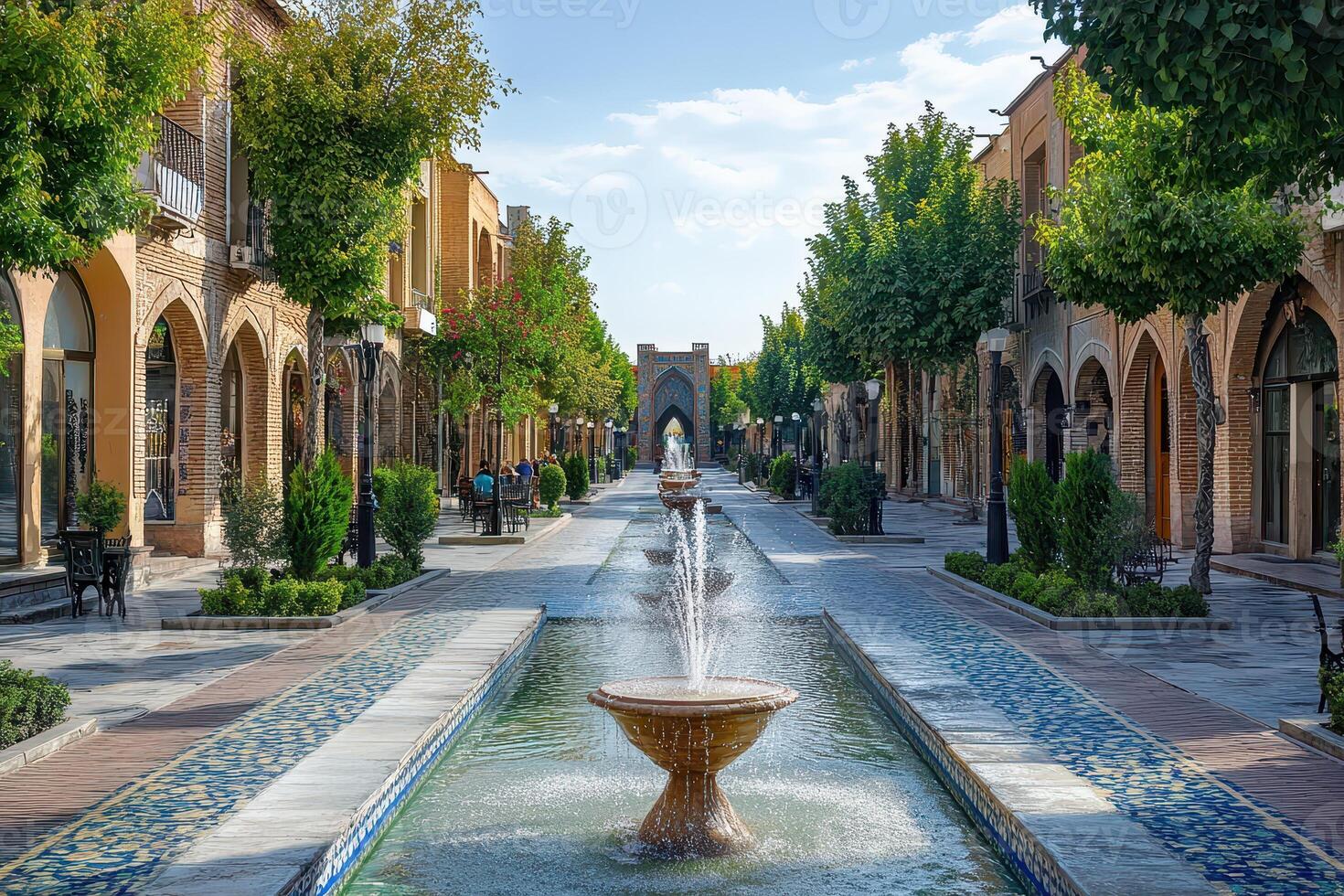 Charming plaza with fountain in a historic town photo