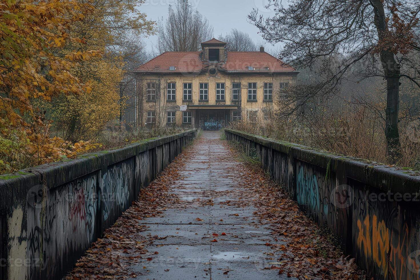Pathway leading to an abandoned building in autumn photo