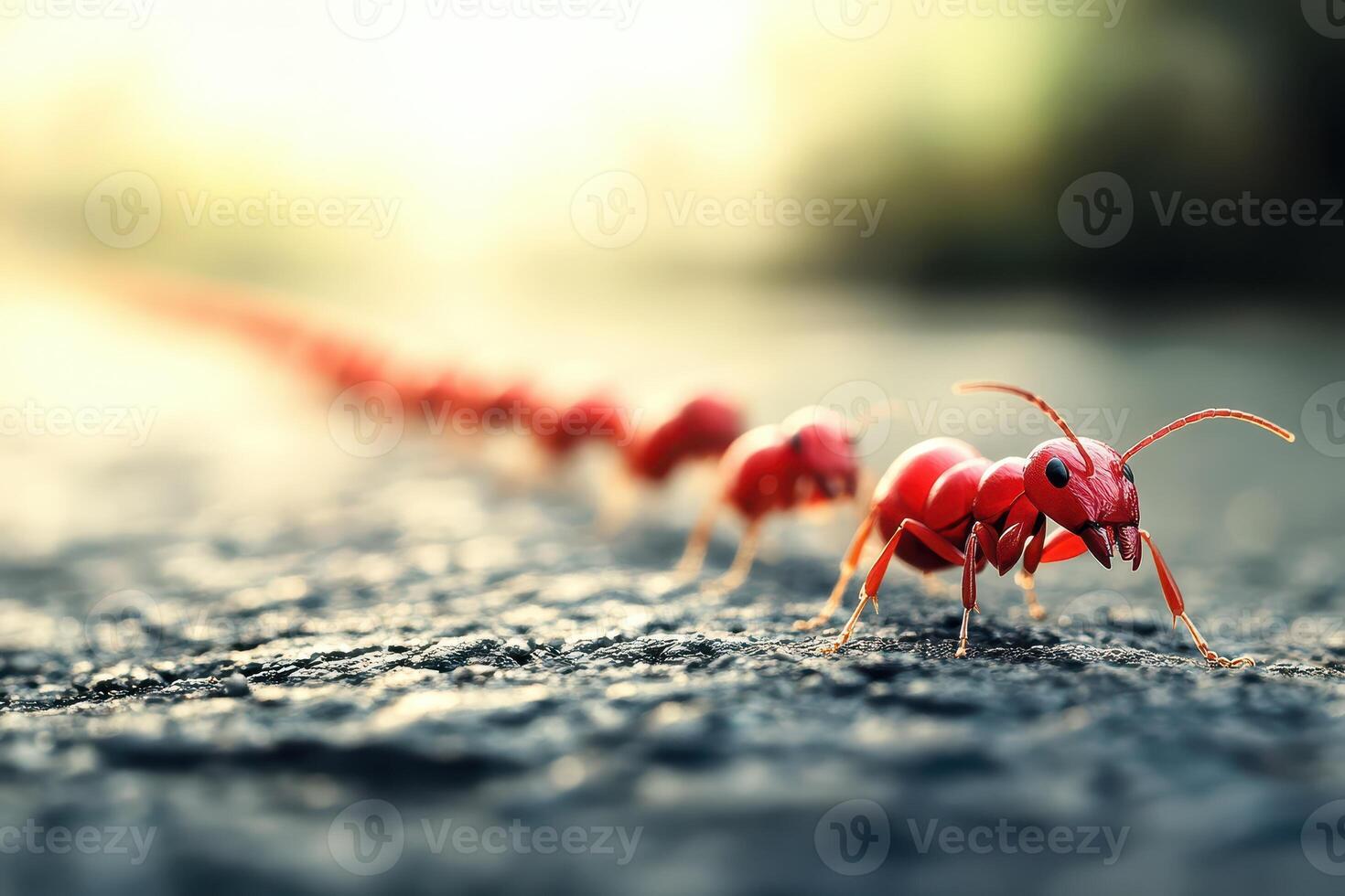 Red ants marching on a sunlit path near a field photo
