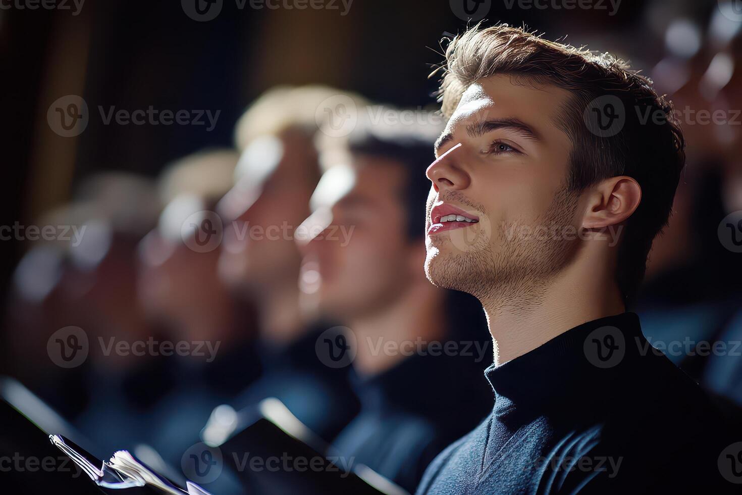 Young man singing in a choir during a performance photo