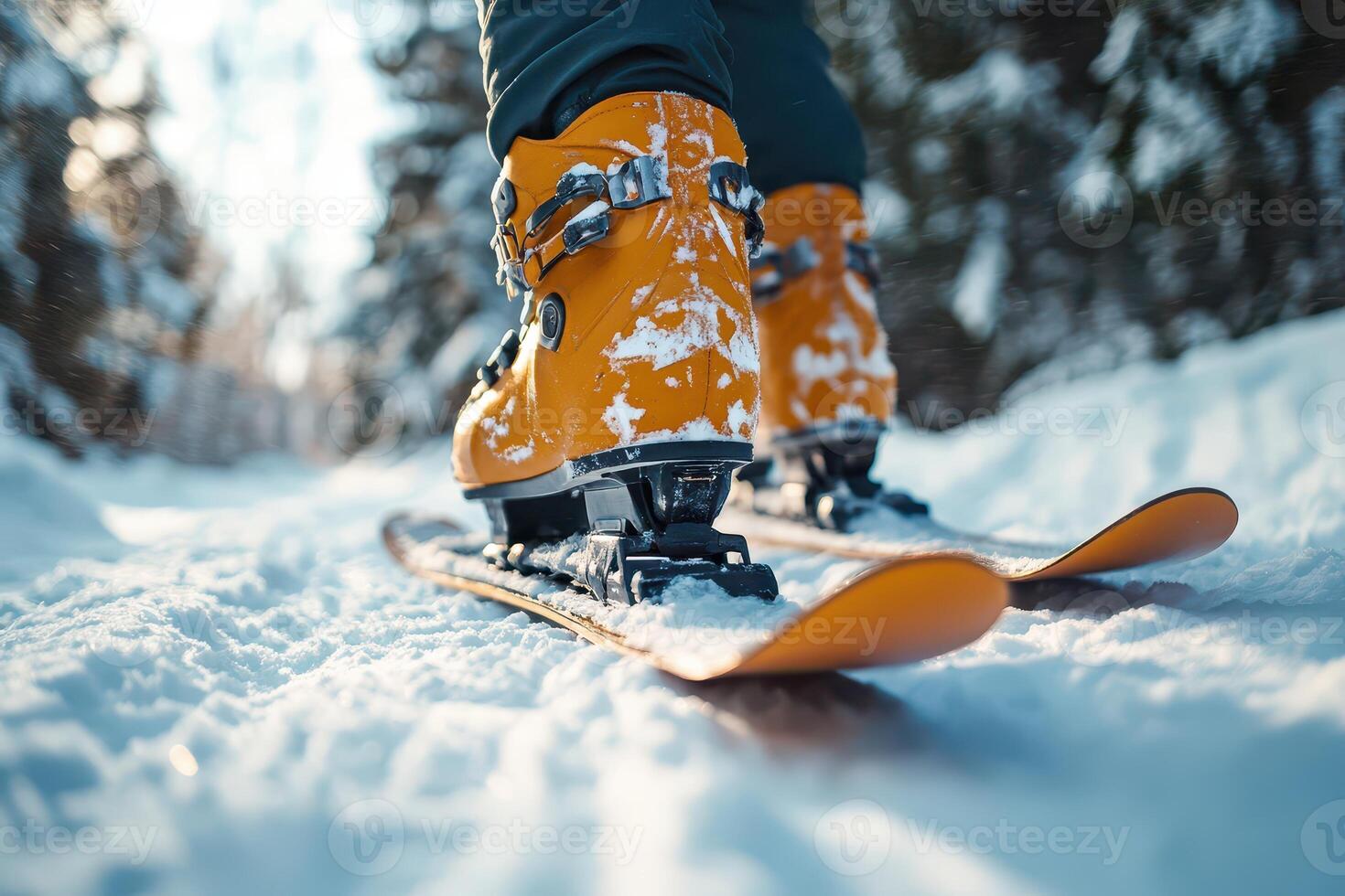 Skiing on a snow covered trail in winter landscape photo