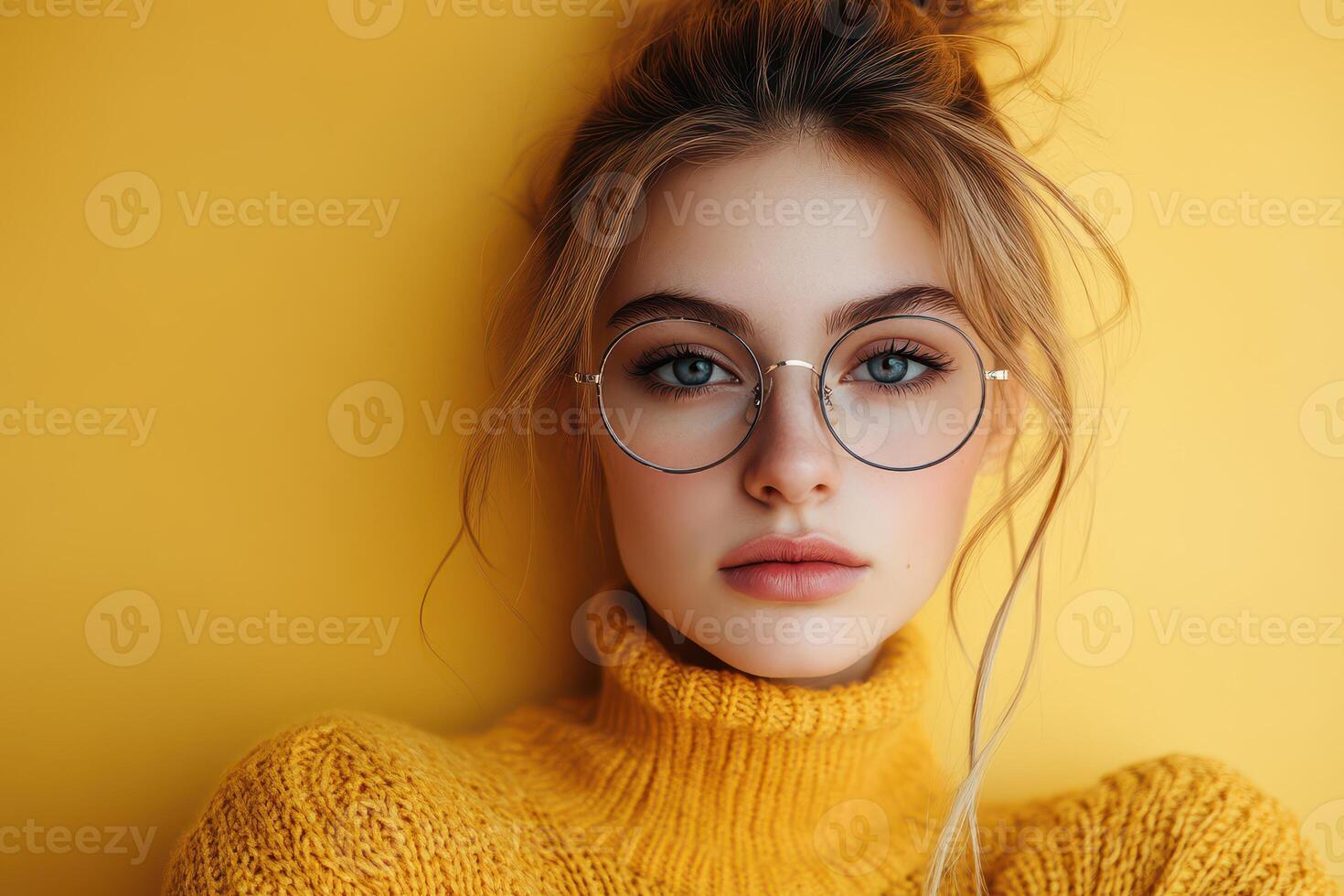 Young woman with glasses against yellow backdrop photo